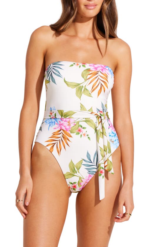 Shop Vitamin A ® Marilyn Floral Belted Bandeau One-piece Swimsuit In Summer Bloom Ecolux