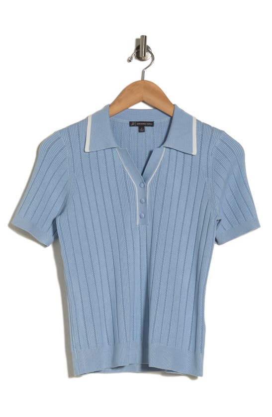 Adrianna Papell Tipped Short Sleeve Polo Sweater In Sky Blue/ Ivory