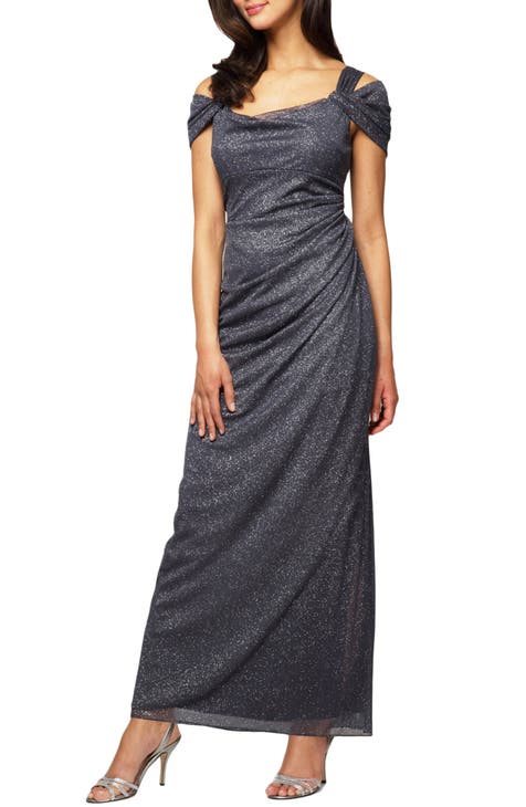 R&M Richards Sequin Cocktail Dress - Cascade Elbow Sleeve Long Gown