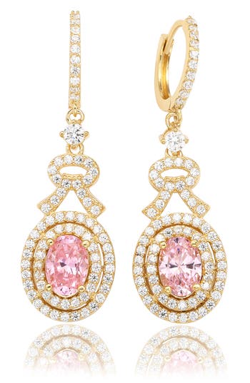 Shop Suzy Levian Cubic Zirconia Double Halo Drop Huggie Hoop Earrings In Gold/pink