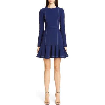 Carolina Herrera Contrast Stitch Long Sleeve Crepe Dress, Blue