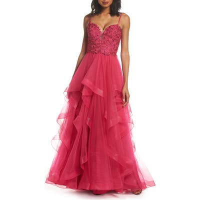 La Femme Lace & Tiered Tulle Ballgown, Pink