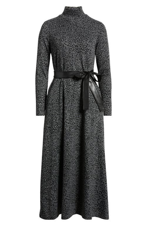 Shop Anne Klein Leopard Belted Mock Neck Long Sleeve Midi Dress In Mid Heather Grey Multi