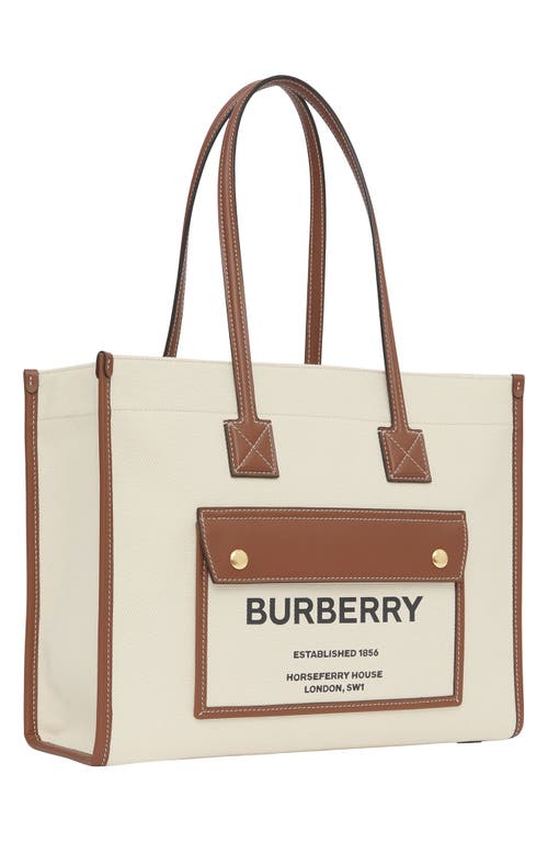 Shop Burberry Small Freya Horseferry Logo Canvas & Leather Tote In Natural/tan