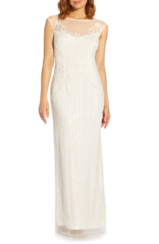 Adrianna Papell Beaded Illusion Mesh Column Gown In Ivory Modesens 0377