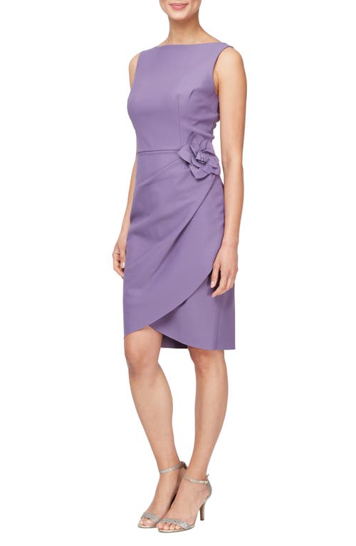 Floral Ruched Sheath Cocktail Dress in Icy Orchid
