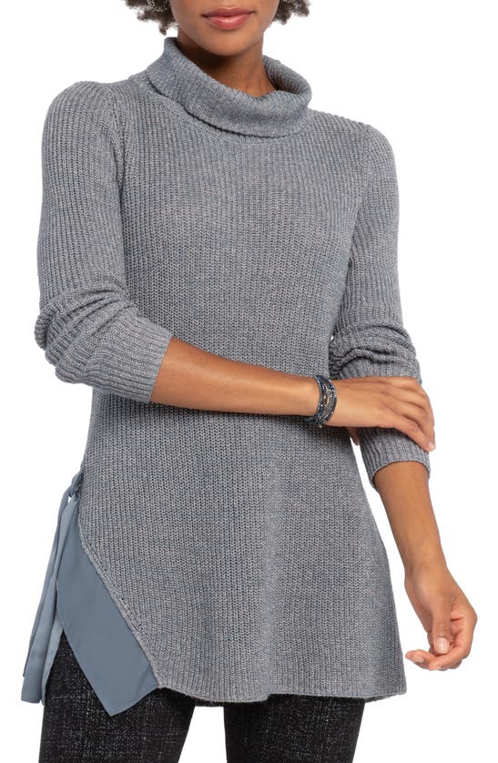 Nic And Zoe Nic+zoe Side-tie Turtleneck Tunic Sweater In Washed Slate Mix