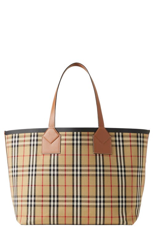 Large London Check Cotton Canvas Tote in Briar Brown/Black