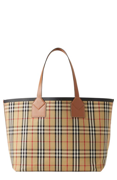 Shop Burberry Large London Check Cotton Canvas Tote In Briar Brown/black