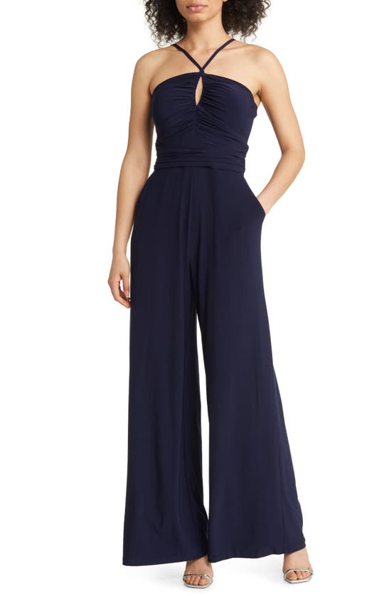 Eliza J Keyhole Halter Wide Leg Jumpsuit In Navy | ModeSens