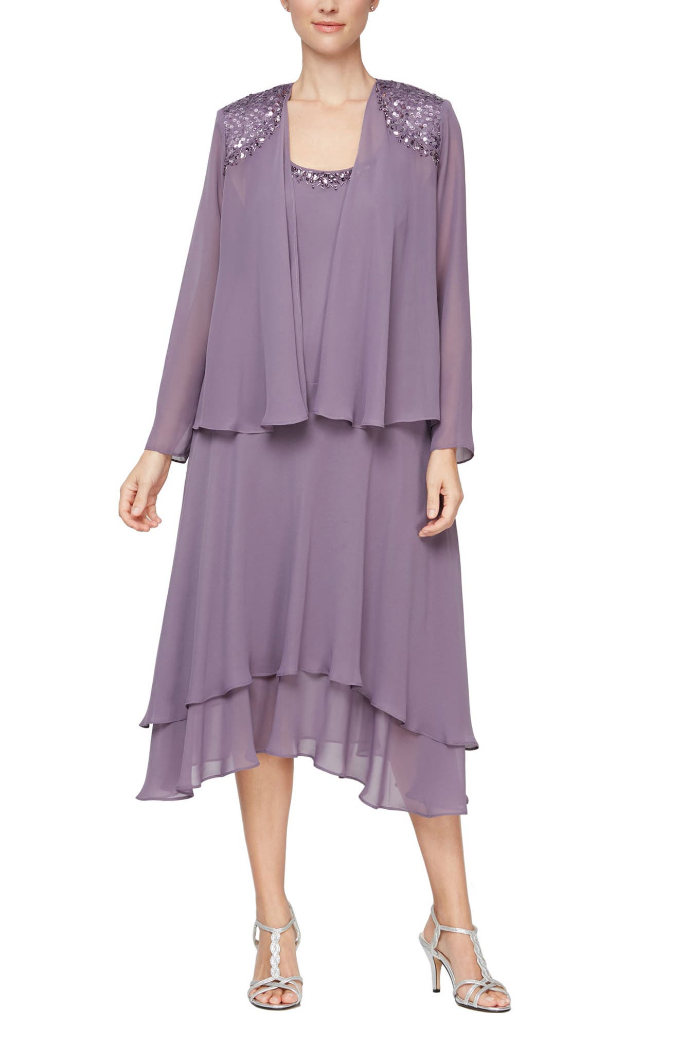 sl fashions embellished shift dress and jacket