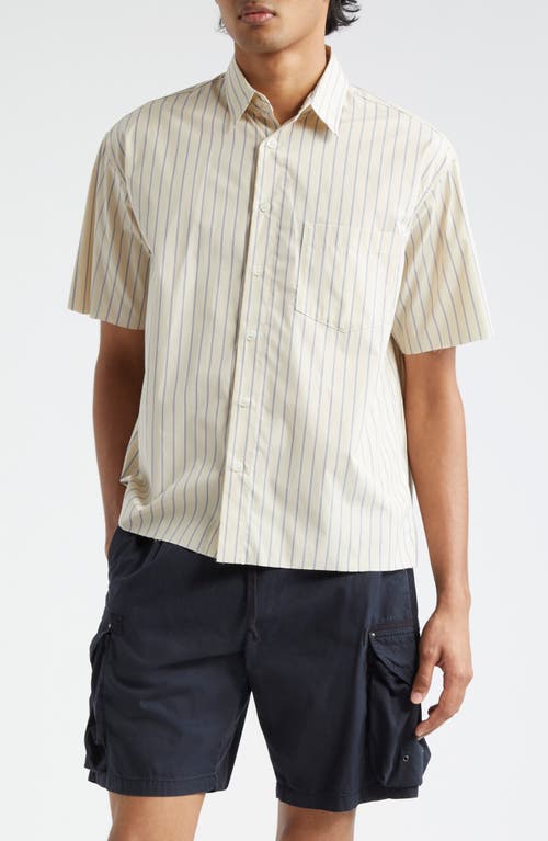 Shop John Elliott Stripe Short Sleeve Cotton Poplin Button-up Shirt In Tan X Blue