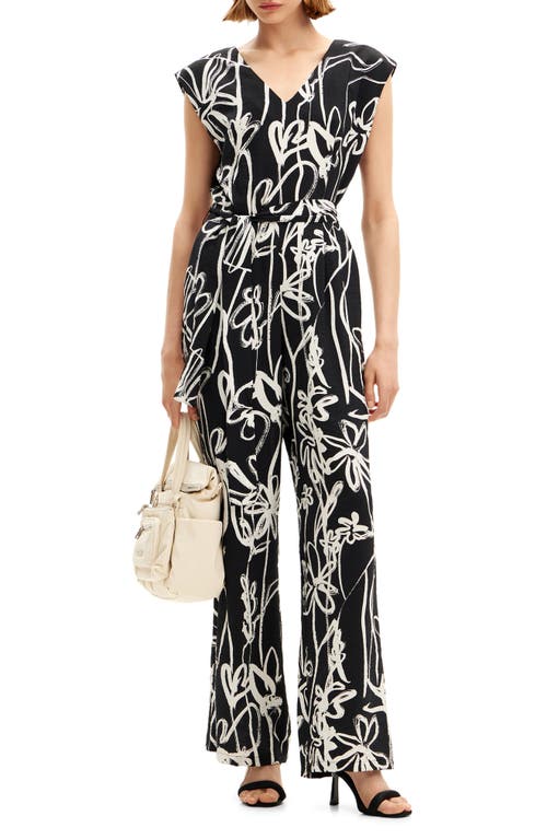 Desigual Long Jumpsuit With Arty Flowers. In Black