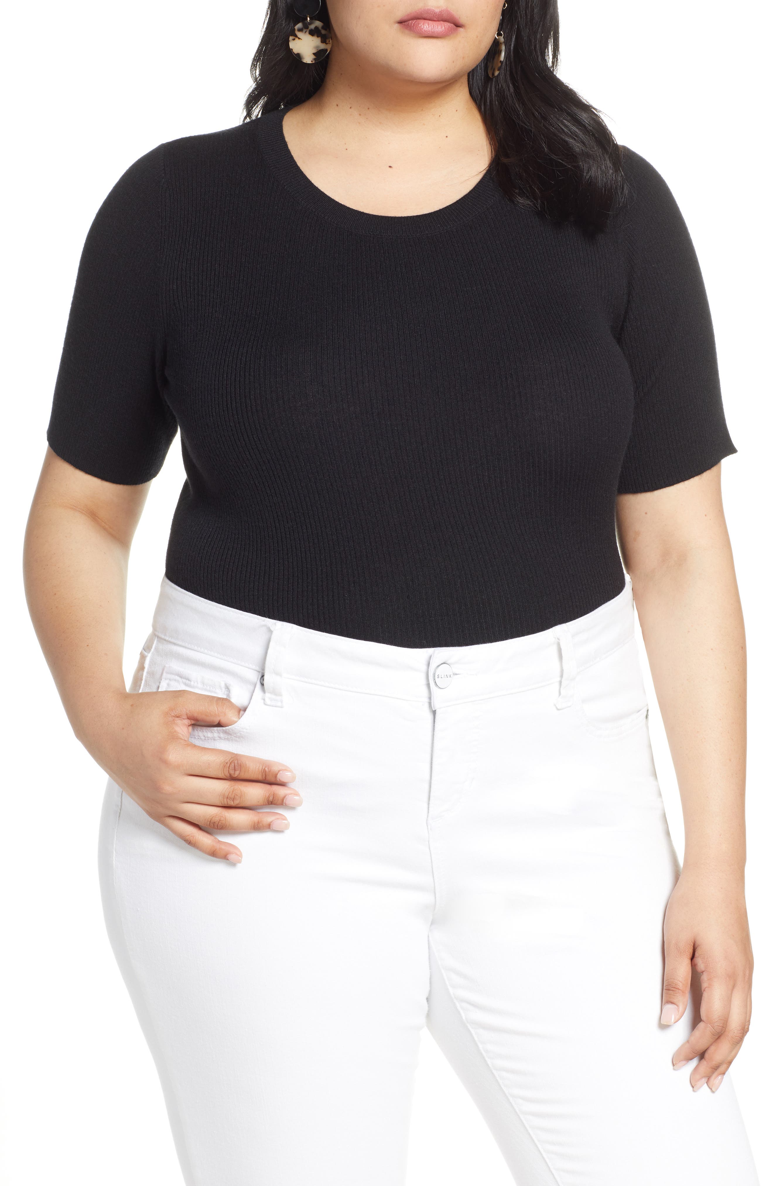 Plus Size Halogen Skivvy Short Sleeve Sweater, Black