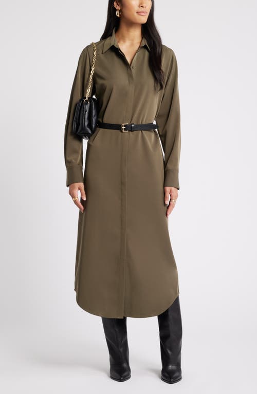 Shop Nordstrom Long Sleeve Satin Midi Shirtdress In Olive Night