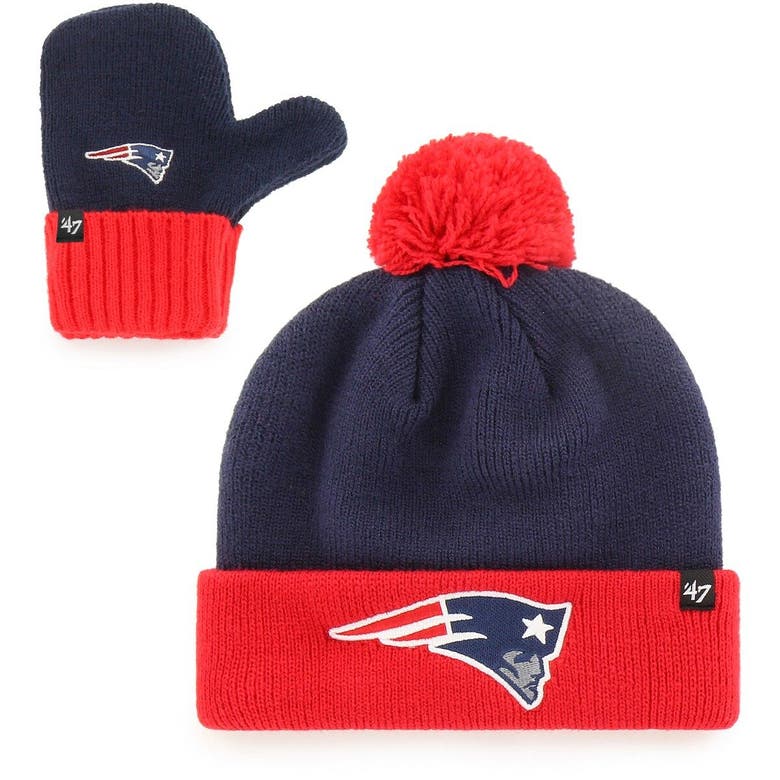 47 Babies' Infant ' Navy/red New England Patriots Bam Bam Cuffed Knit Hat With Pom And Mittens Set