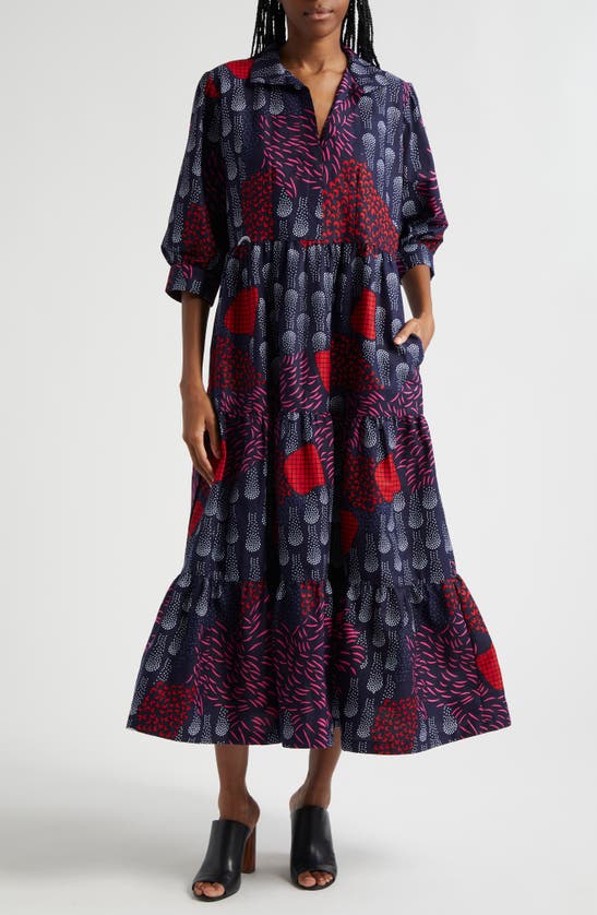 Shop The Oula Company Tiered Cotton Midi Shirtdress In Blue Black Hot Pink