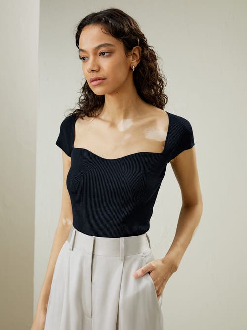 Lilysilk Sweetheart Neck Ribbed Silk Knit Top In Navy Blue