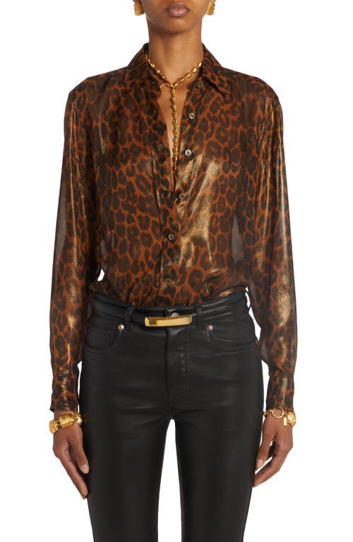 TOM FORD Laminated Leopard Metallic Silk Button-Up Shirt Camel at Nordstrom, Us