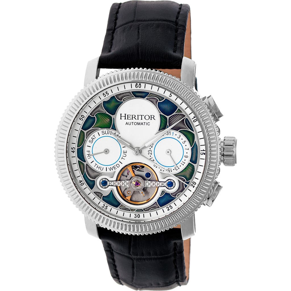 Heritor Automatic Semi-skeleton Leather-band Watch In Silver/white