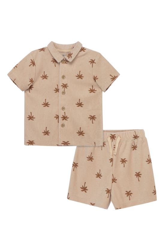 Shop Little Me Tropical Terry Button-up Shirt & Shorts Set In Tan