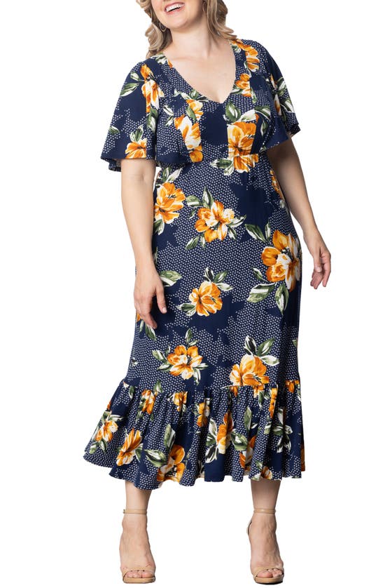Shop Kiyonna Madrid Floral Flutter Sleeve Maxi Dress In Amber Blossoms