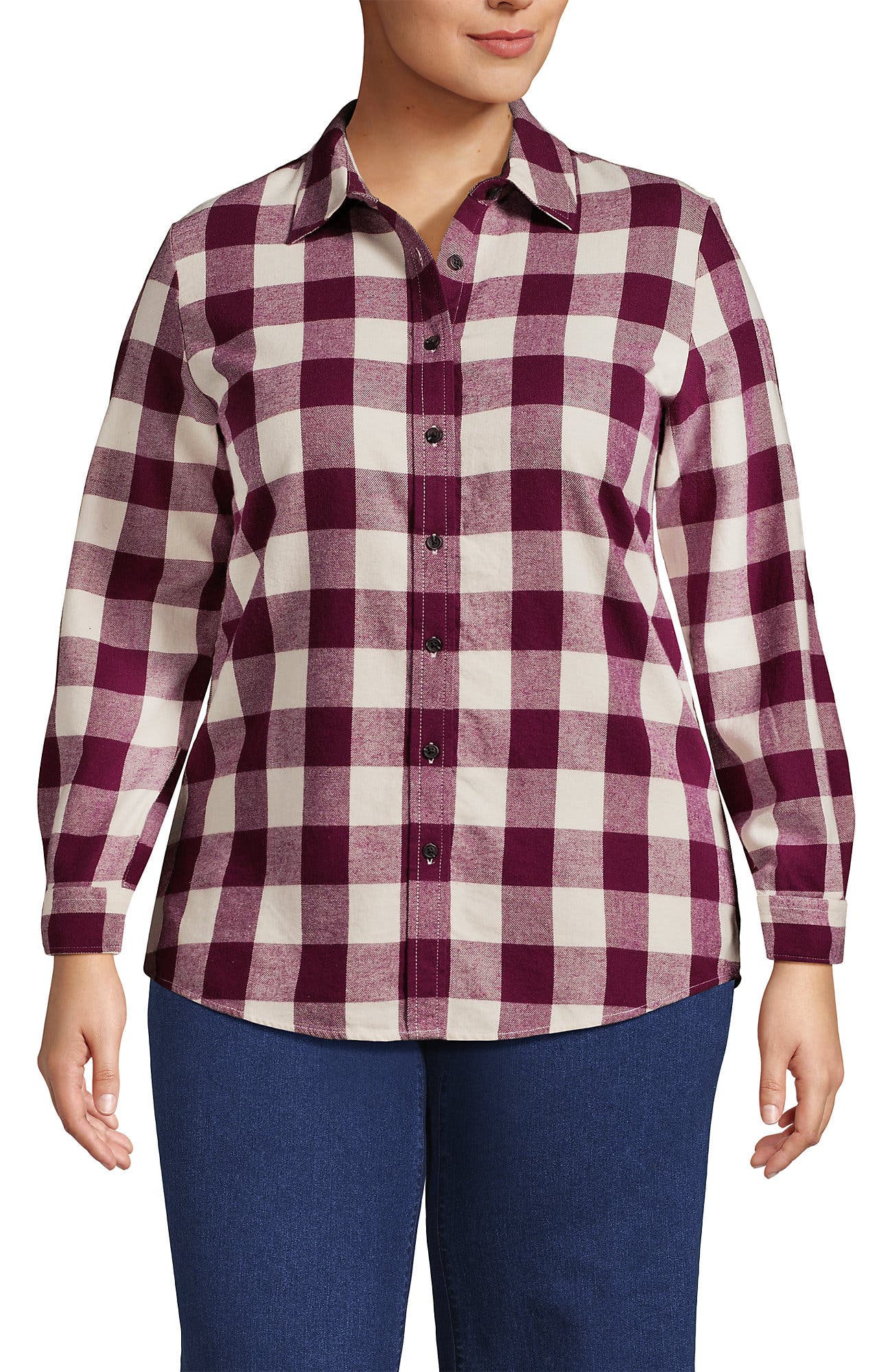 Lands' End Plus Size Flannel Boyfriend Fit Long Sleeve Shirt in Rich Burgundy Buffalo Check Cover