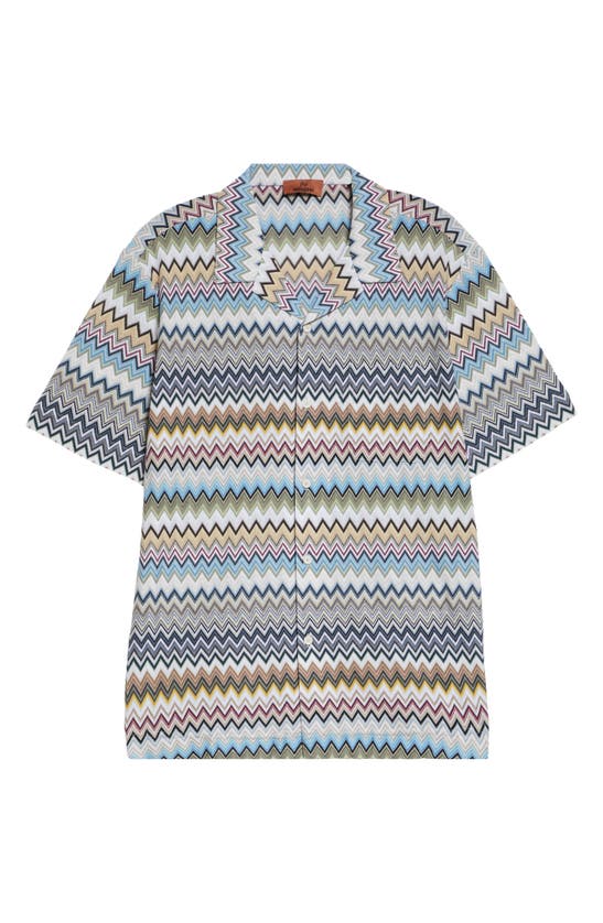 Shop Missoni Zigzag Stripe Knit Camp Shirt In Green Beige Light Blue