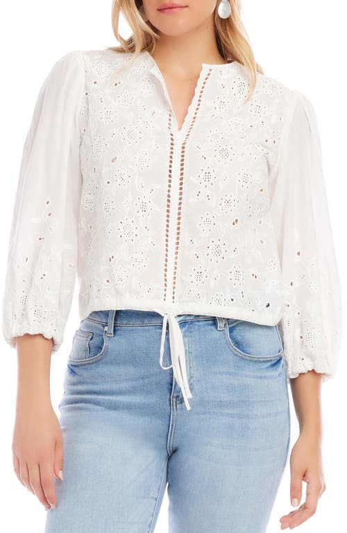 Eyelet Embroidered Drawstring Hem Cotton Top in Off White