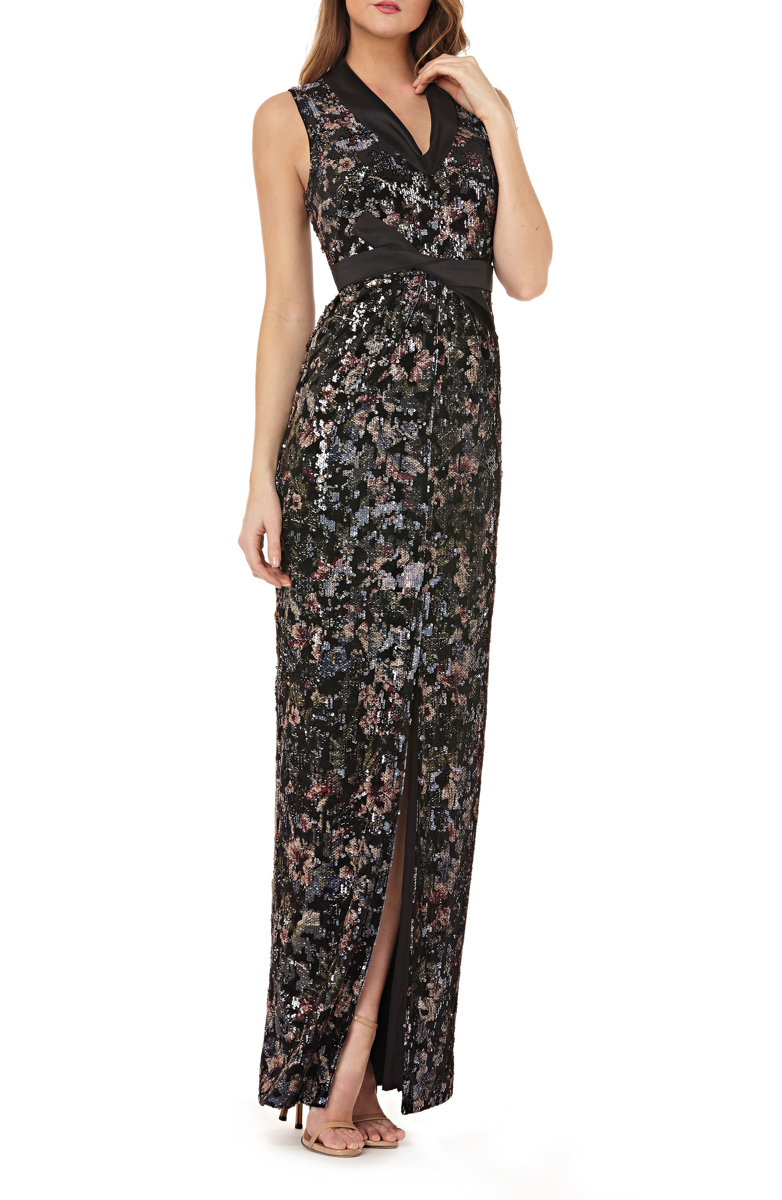 Kay Unger Velvet Print Gown, Black
