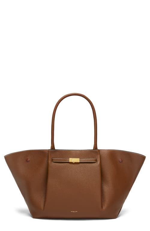 Demellier London Midi New York Leather Tote In Tan W/ecru Stitching