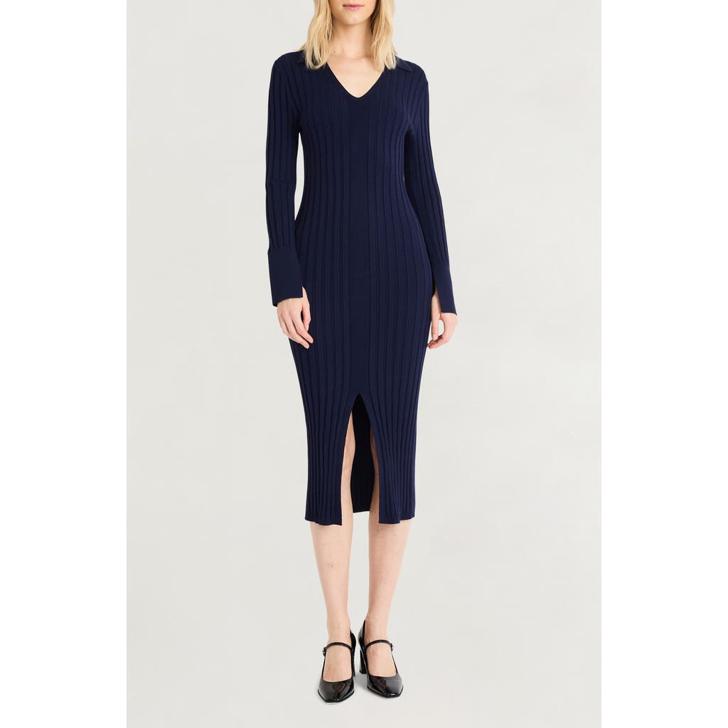 Luxely Long Sleeve Rib Body-Con Dress in Evening Blue