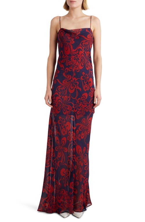 Shop Dries Van Noten Print Cowl Neck Silk Gown In Navy