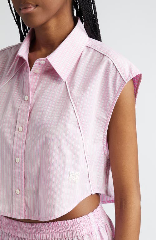 Shop Alexander Wang Stripe Piped Sleeveless Crop Button-up Shirt In Pink Stripe