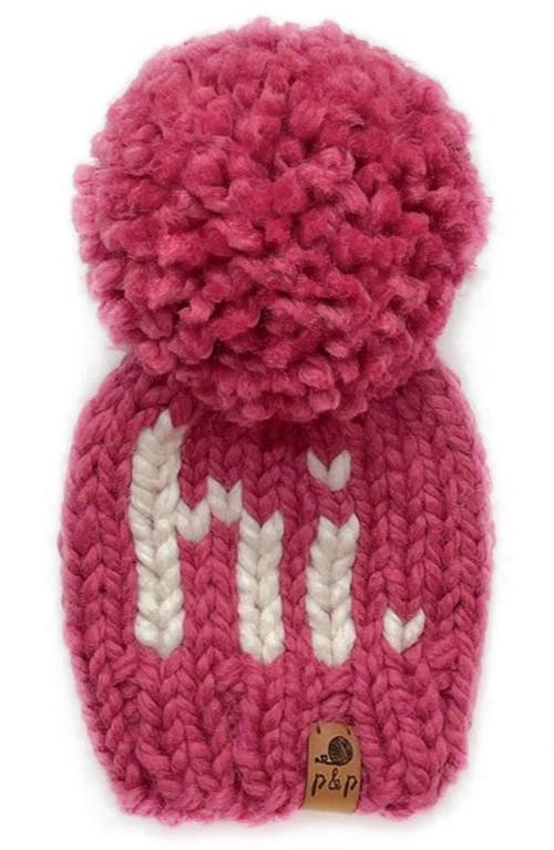 PINE + POPPY Hi Intarsia Pompom Hat in Rich Pink