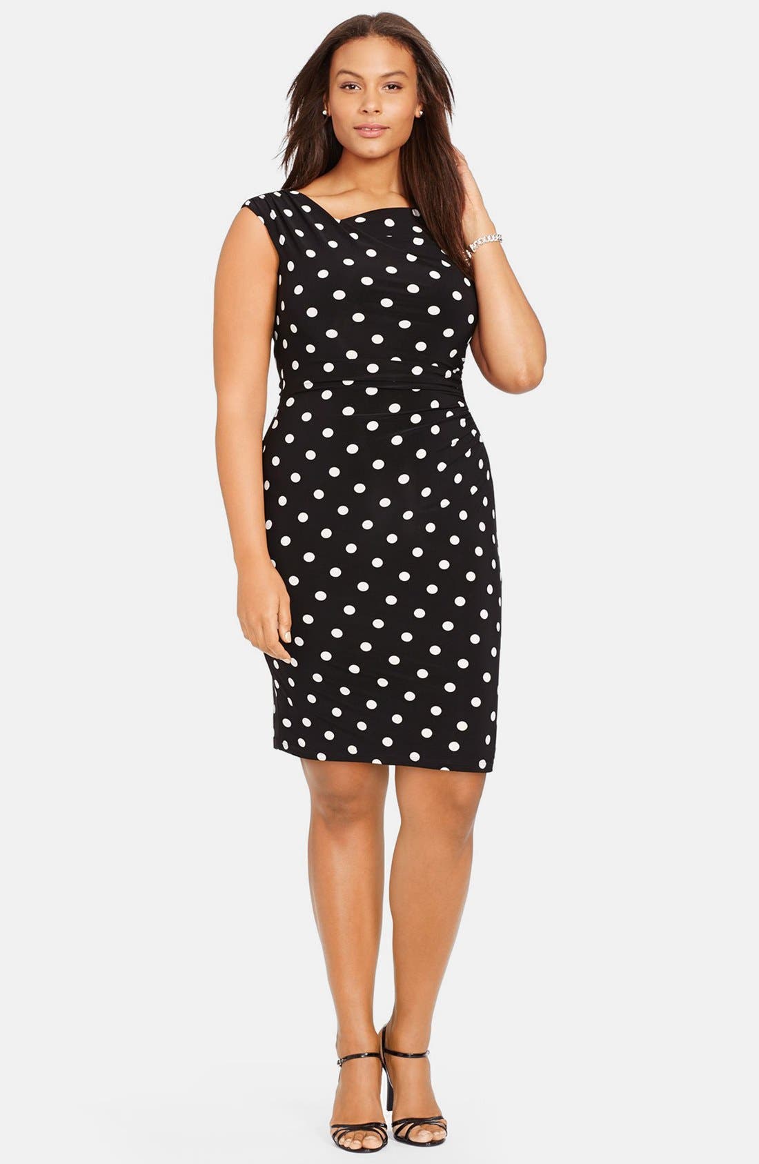 Lauren Ralph Lauren Polka Dot Ruched Cowl Neck Dress (Plus