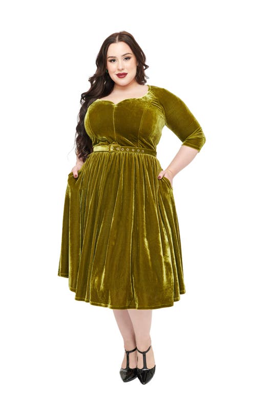 Unique Vintage Plus Size 1950s Sweetheart Velvet Swing Dress In Olive Green