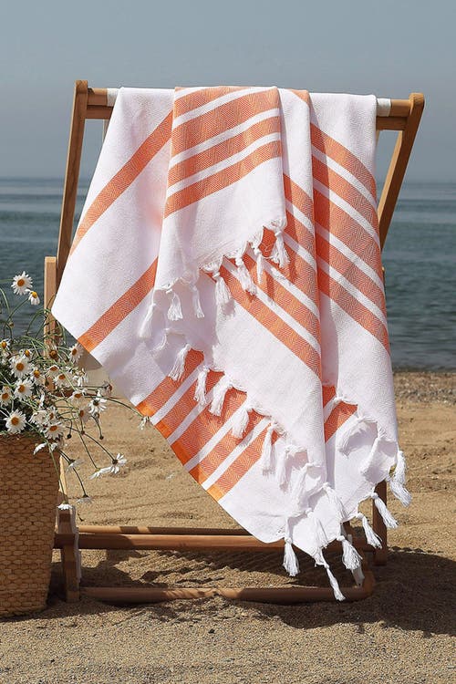 Shop Linum Home Textiles 100% Turkish Cotton Herringbone Pestemal Beach Towel In Orange/white