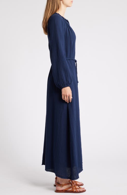 Shop Xirena Xírena Andrea Tie Waist Long Sleeve Gauze Maxi Dress In Navy Blue