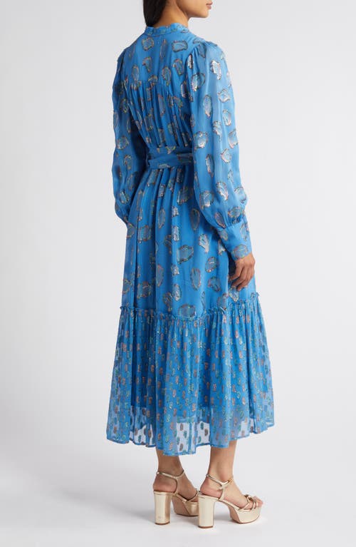 Shop Ciebon Eriana Metallic Long Sleeve Belted Maxi Dress In Blue