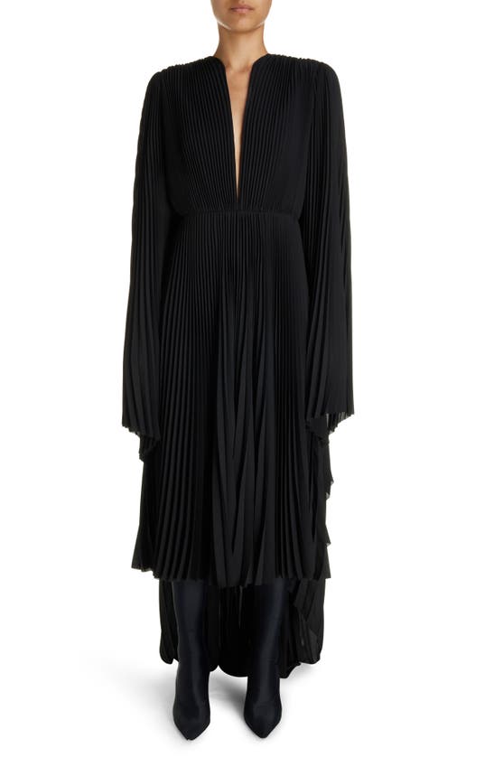 Shop Balenciaga Pleated Long Sleeve Caftan Dress In Black