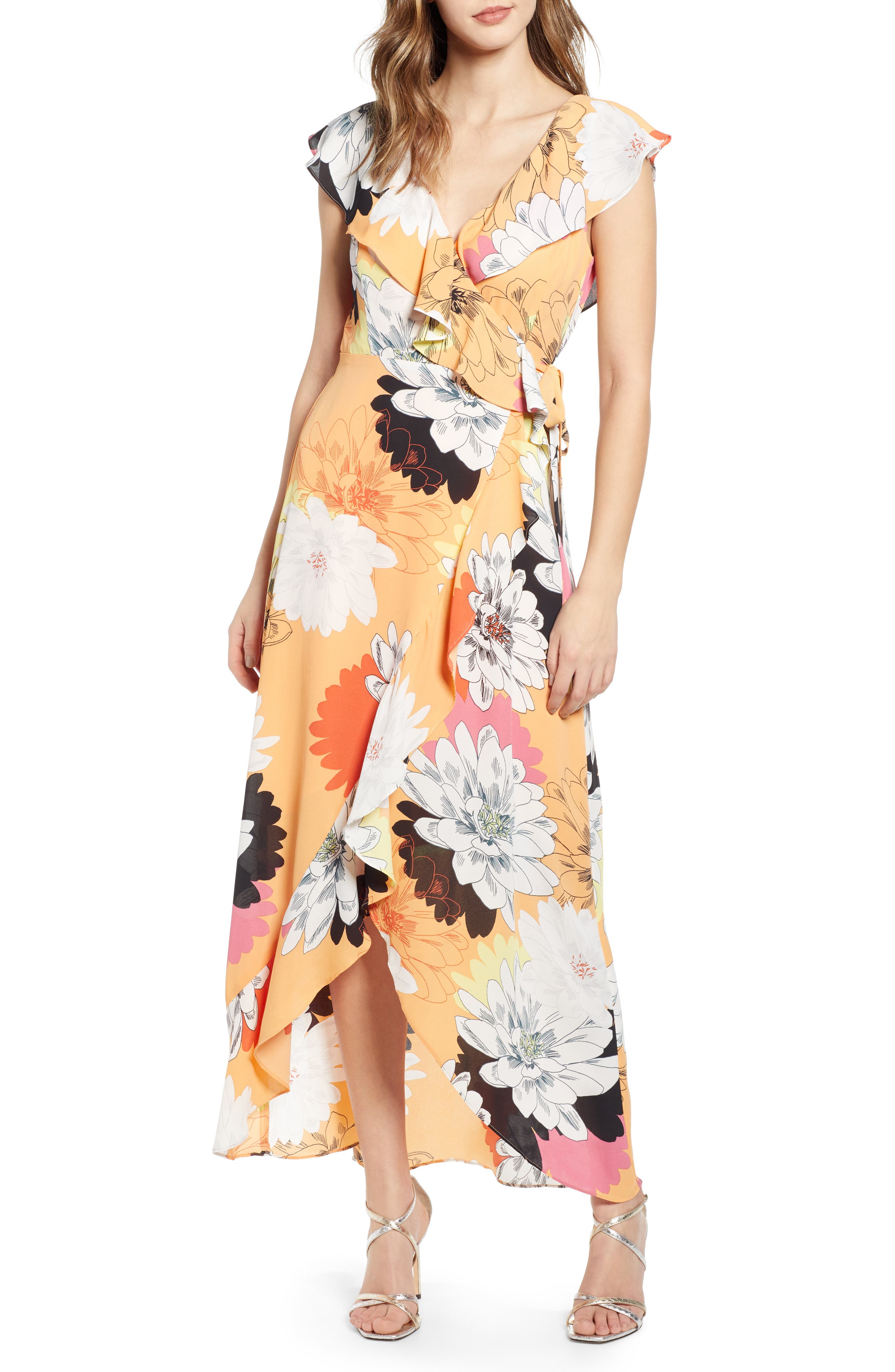 Leith Ruffle Wrap Maxi Dress, Coral