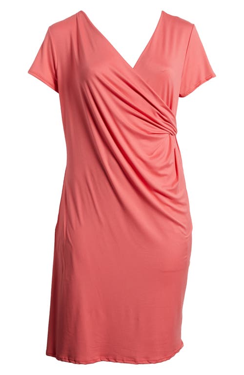 24seven Comfort Apparel V-neck Stretch Faux Wrap Dress In Coral