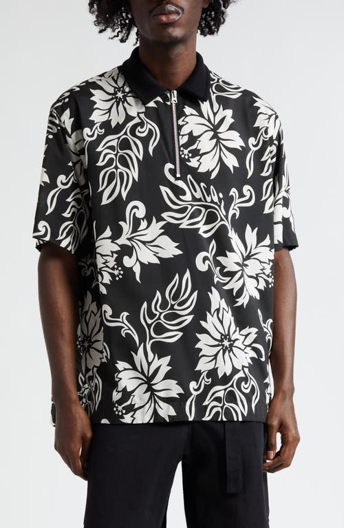 Sacai Floral Print Quarter Zip Pullover Black at Nordstrom,