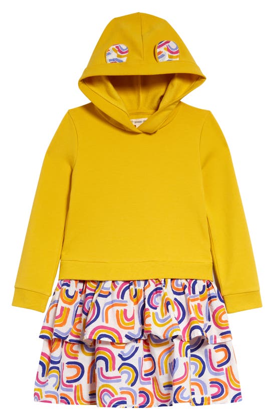 Tucker + Tate Kids' Animal Ear Hoodie Dress In Olive Curry- Ivory Fun Rainbow