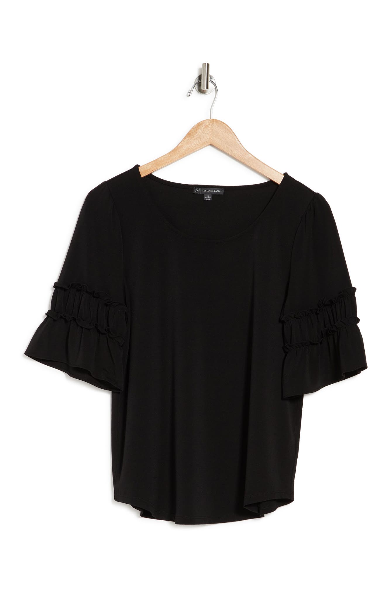Adrianna Papell Ruffle Sleeve Crew Neck Top In Black