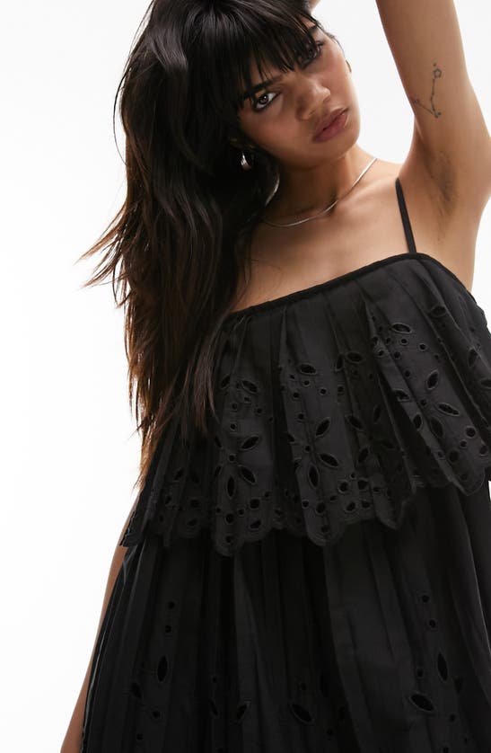 Shop Topshop Pleated Broderie Minidress In Black