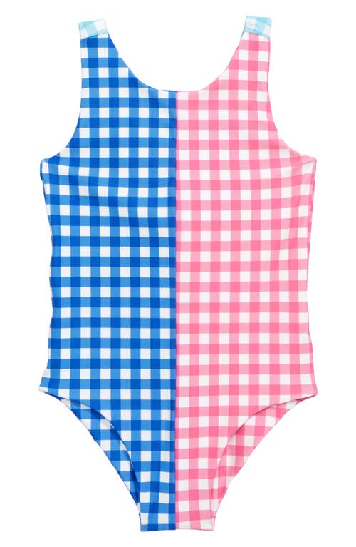 Tucker + Tate Kids' Bow Back One-Piece Swimsuit in Blue Surf- Pink Gingham Block