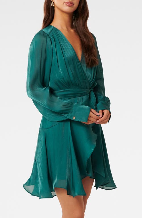 Shop Ever New Myra Metallic Long Sleeve Chiffon Faux Wrap Dress In Mysterious Green