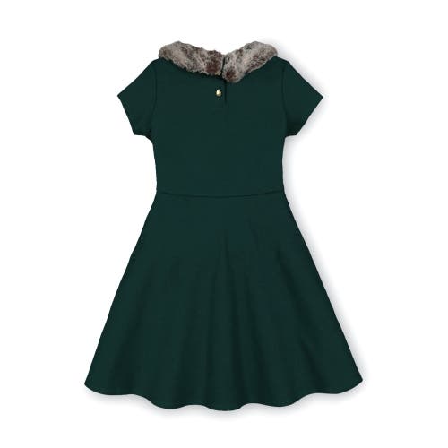 Hope & Henry Girls' Fit And Flare Ponte Dress With Faux Fur, Toddler In Deep Green